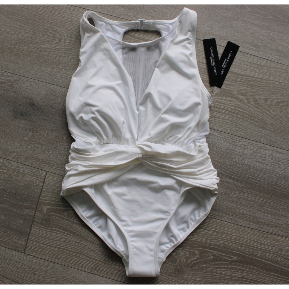 Carmen Marc Valvo Womens White Mesh Plunge Neck One Piece Swimsuit Size 10